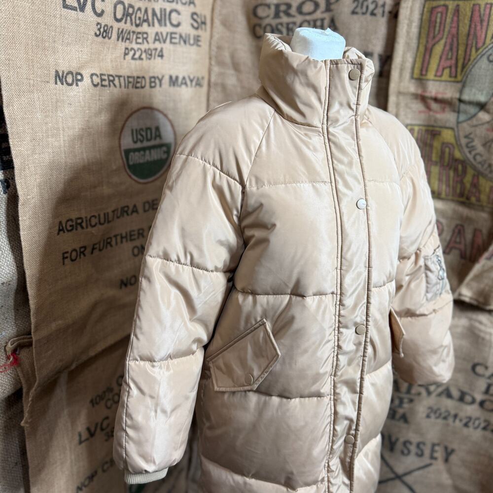 Toast Society Long Puffer Coat Jacket Womens S Oversized Beige Full Zip Snap - Picture 6 of 8